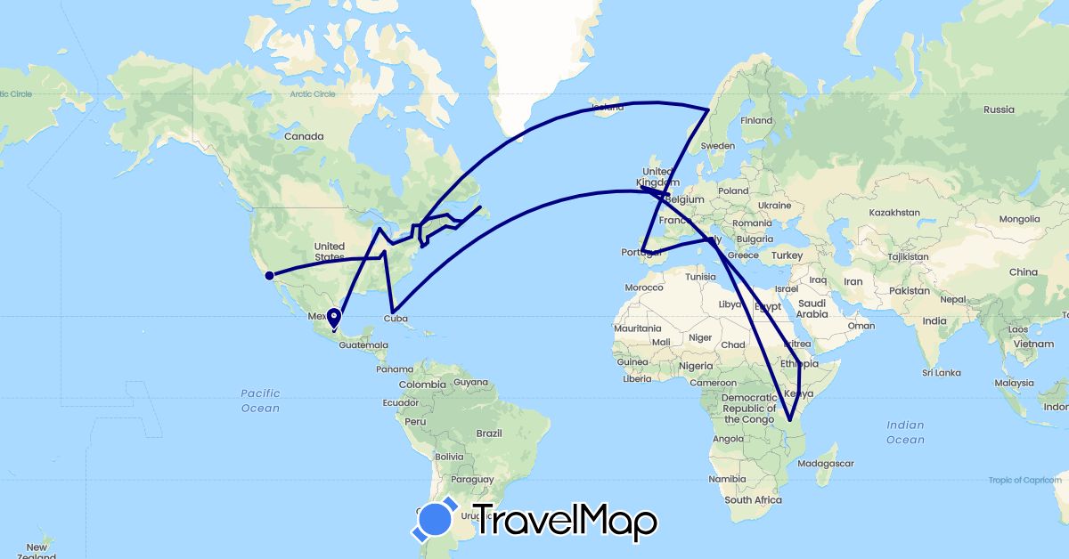 TravelMap itinerary: driving in Canada, Switzerland, Spain, Ethiopia, United Kingdom, Ireland, Iceland, Italy, Kenya, Mexico, Norway, Portugal, Tanzania, United States (Africa, Europe, North America)